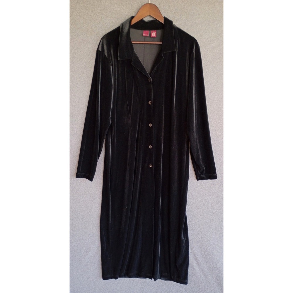 Womens XL Black Velvet Button Down Midi Dress Long Sleeve Collared Duster